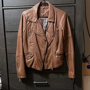 Jou Jou Brown Leather Jacket with Zipper Accents
